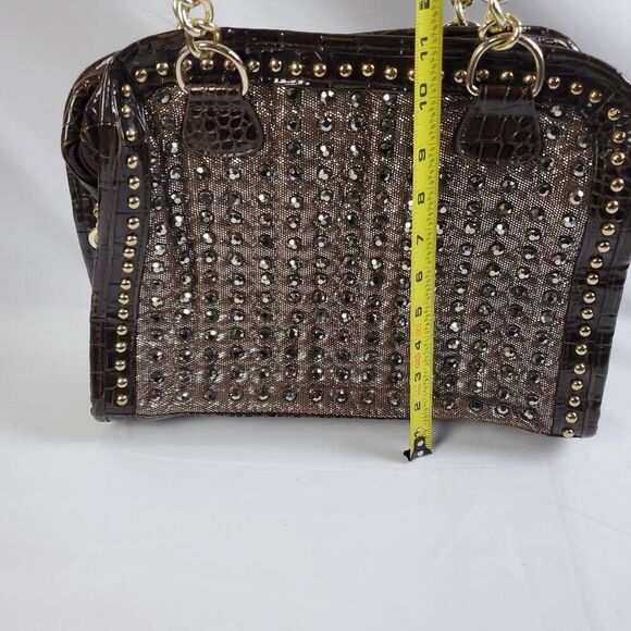 Brown Studded Faux Croc Tote Purse Gold Chain Handles Glam Satchel 13x11 - Picture 2 of 8